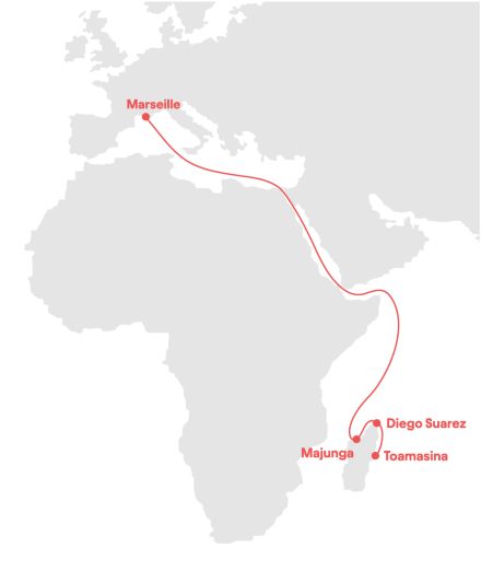 Carte ligne directe Marseille - Madagascar projet Windcoop